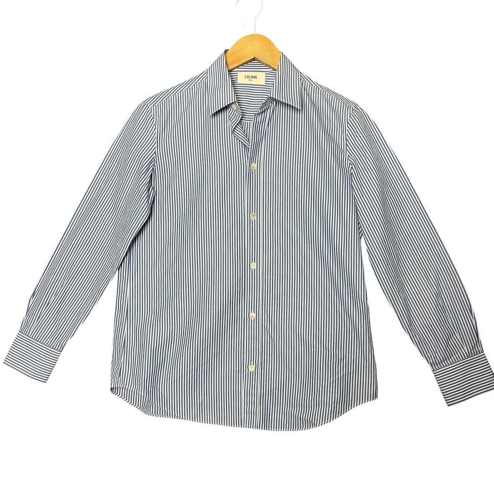 Celine Paris Blue White Stripe Button Up Shirt Womens Large Collared Long Sleeve